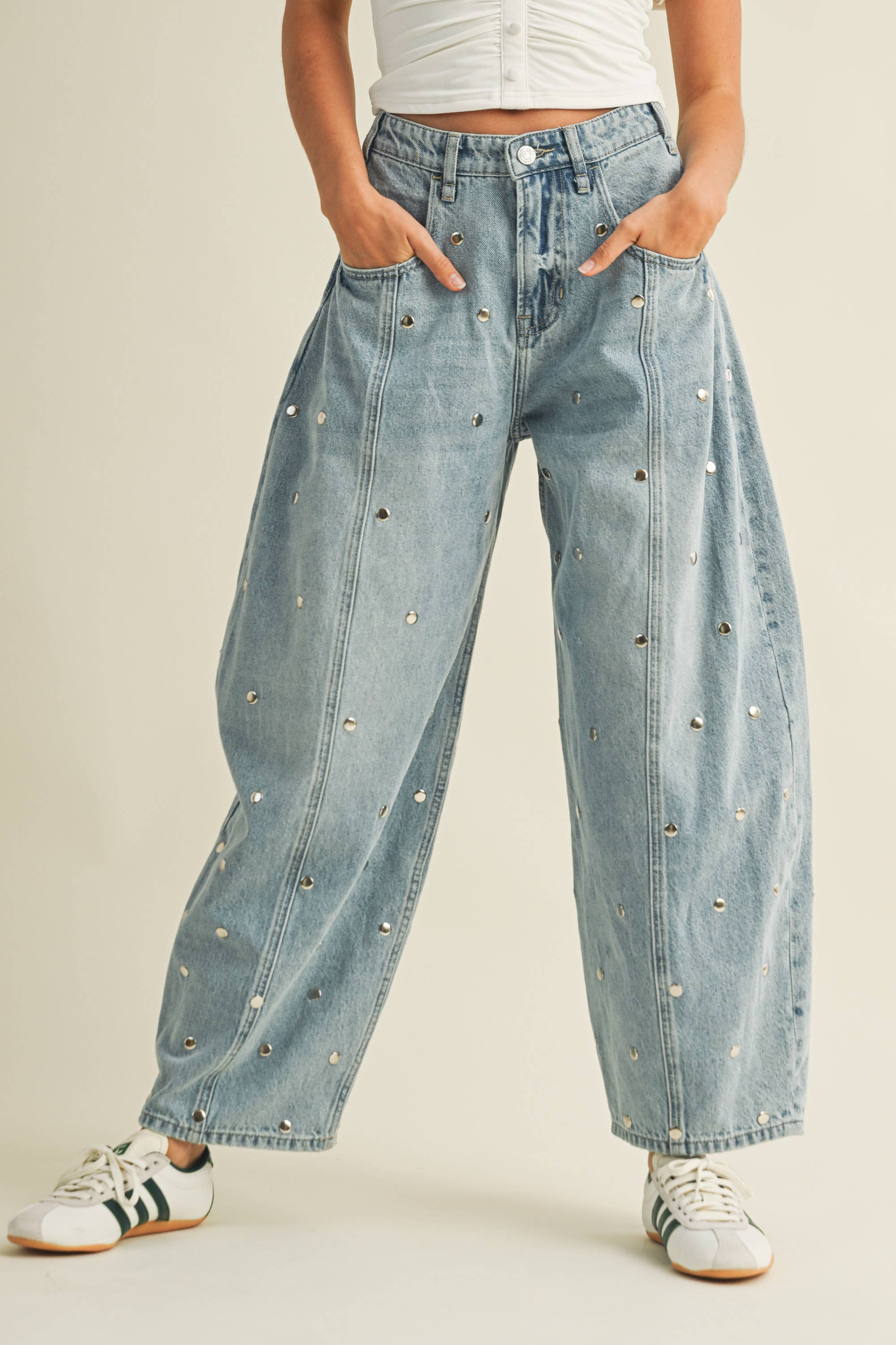 Studded Barrel Denim Pant