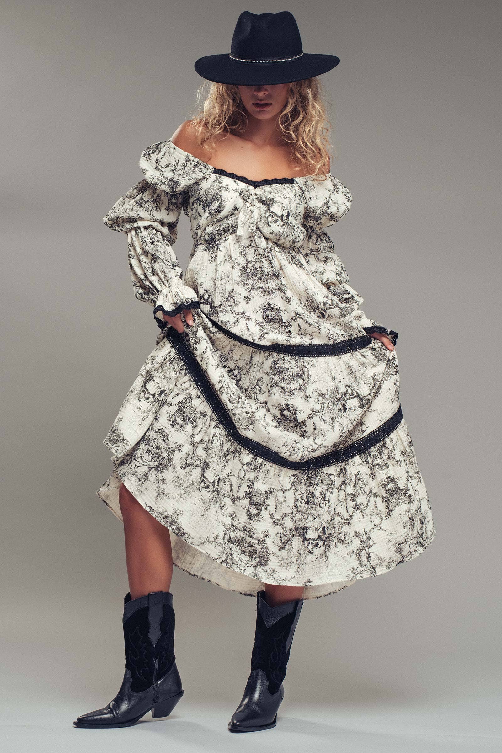 Off-Shoulder Tiered Puff Sleeve Midi Dress