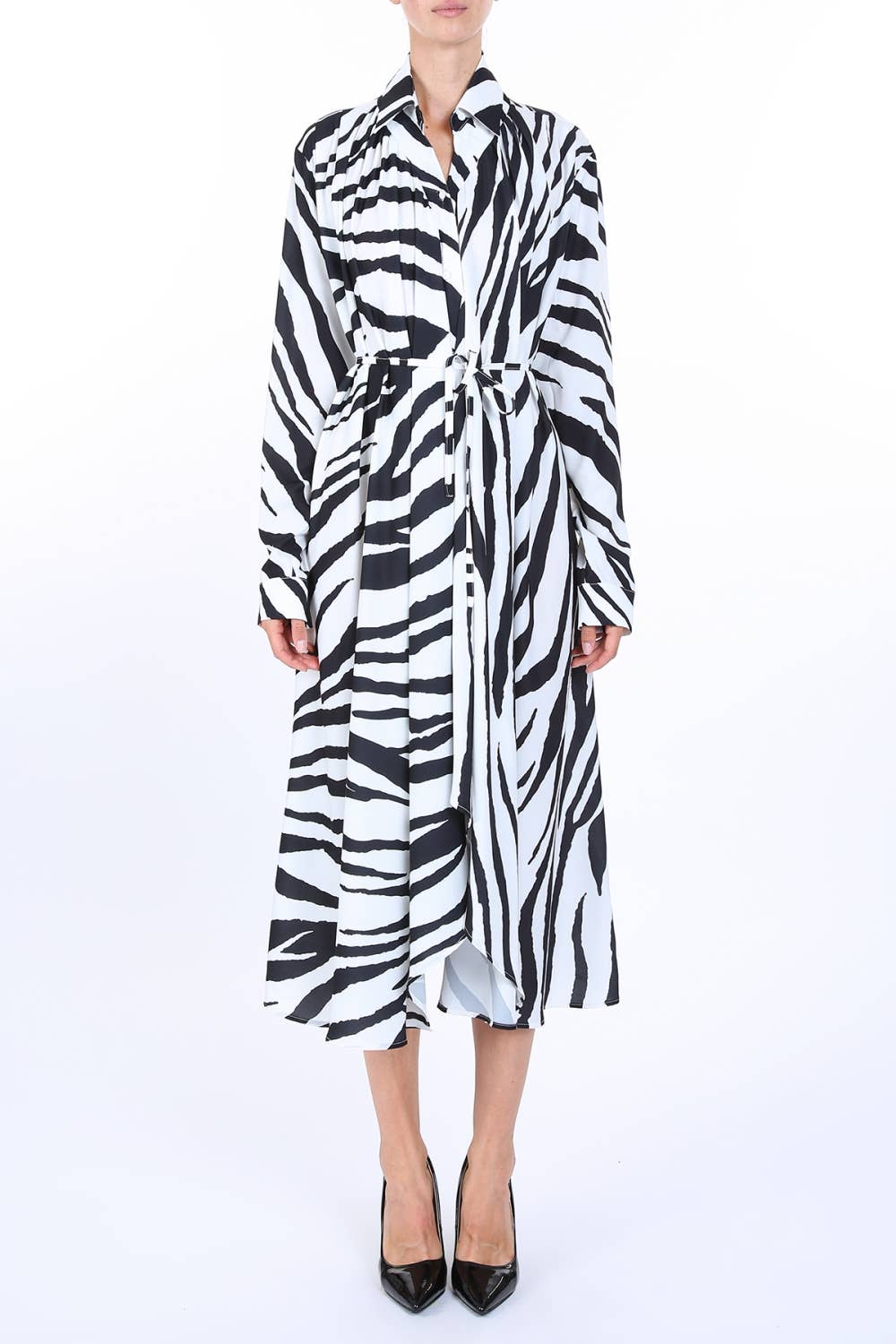 Zebra Print Belted Satin Midi Shirt Dress