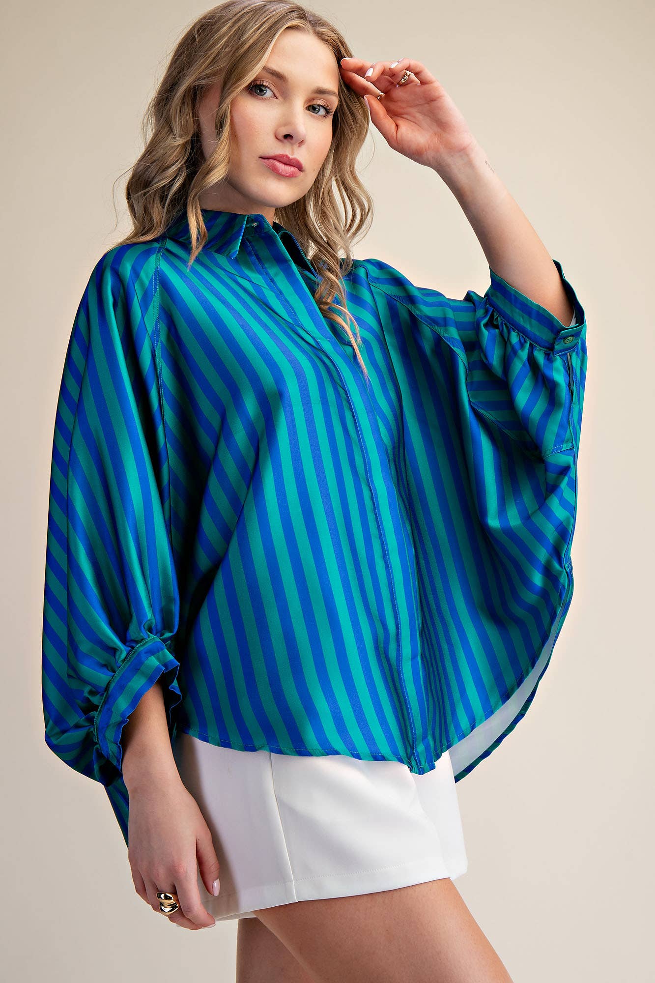 Oversized Shirt With Balloon Sleeve - Stripe