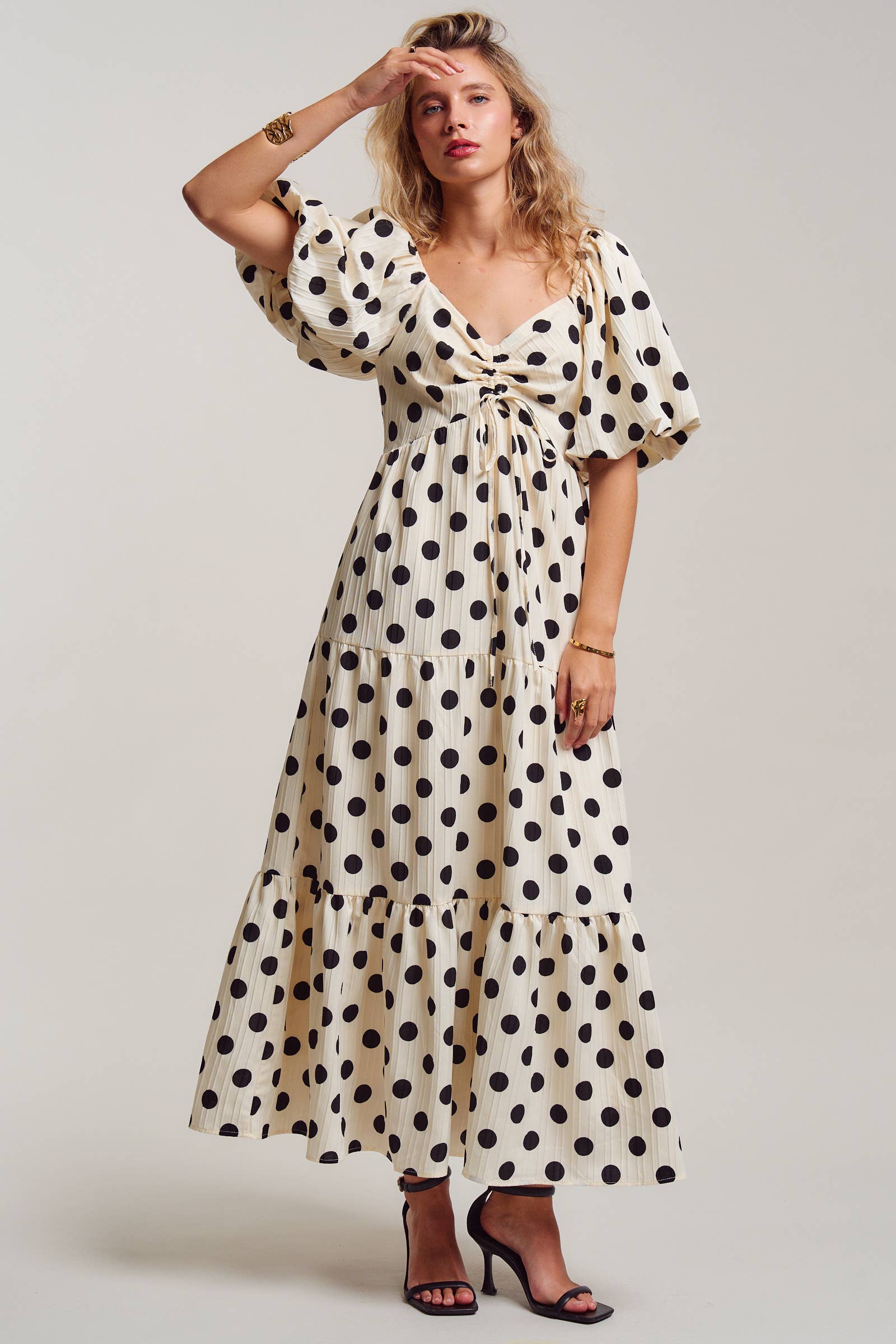 Textured Polka Dot Tie-Front Puff Sleeve Maxi Dress