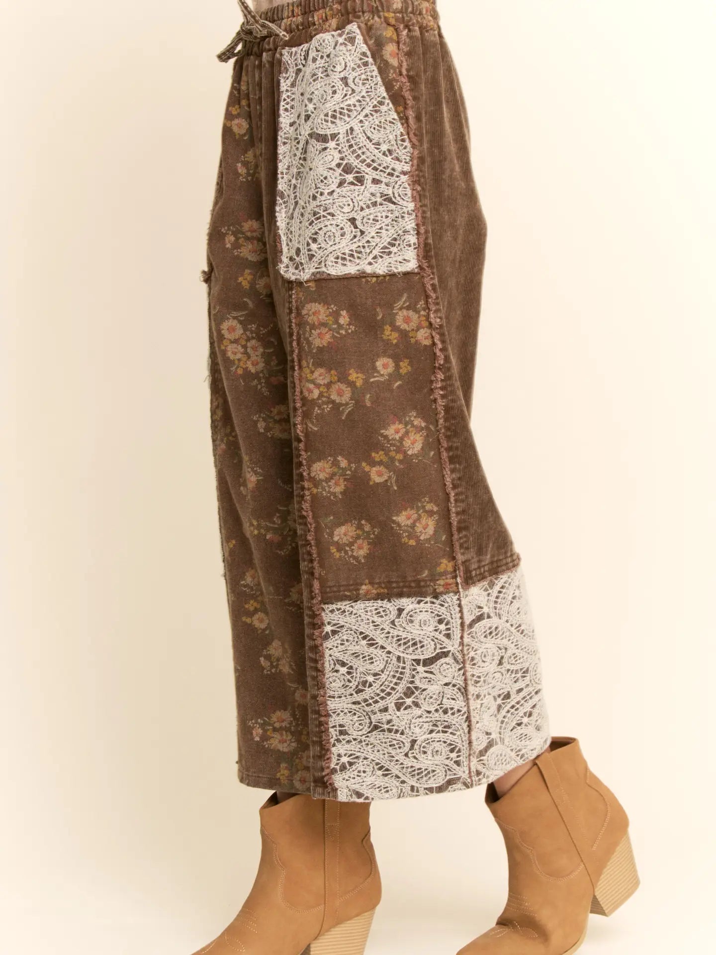 Davi and Dani Washed Corduroy and Flower Denim Pants Brown Multi