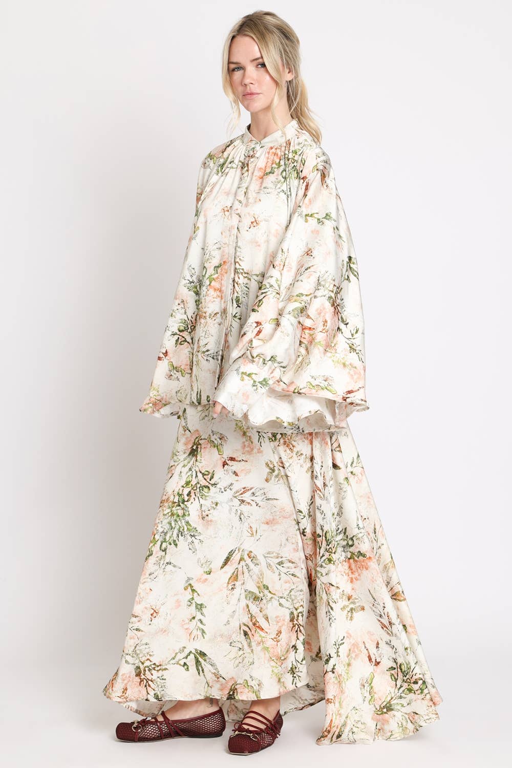 Watercolor Floral Printed Satin Tunic & Skirt Set