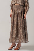 Rope Print Smocked Waist Maxi Skirt Linen Silk