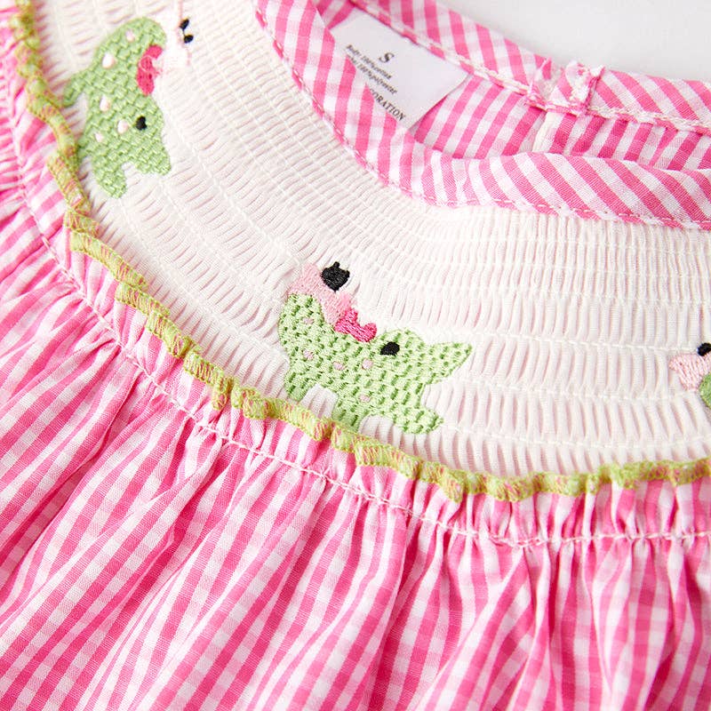Pink Plaid Crocodile Embroidered Smocked Dress