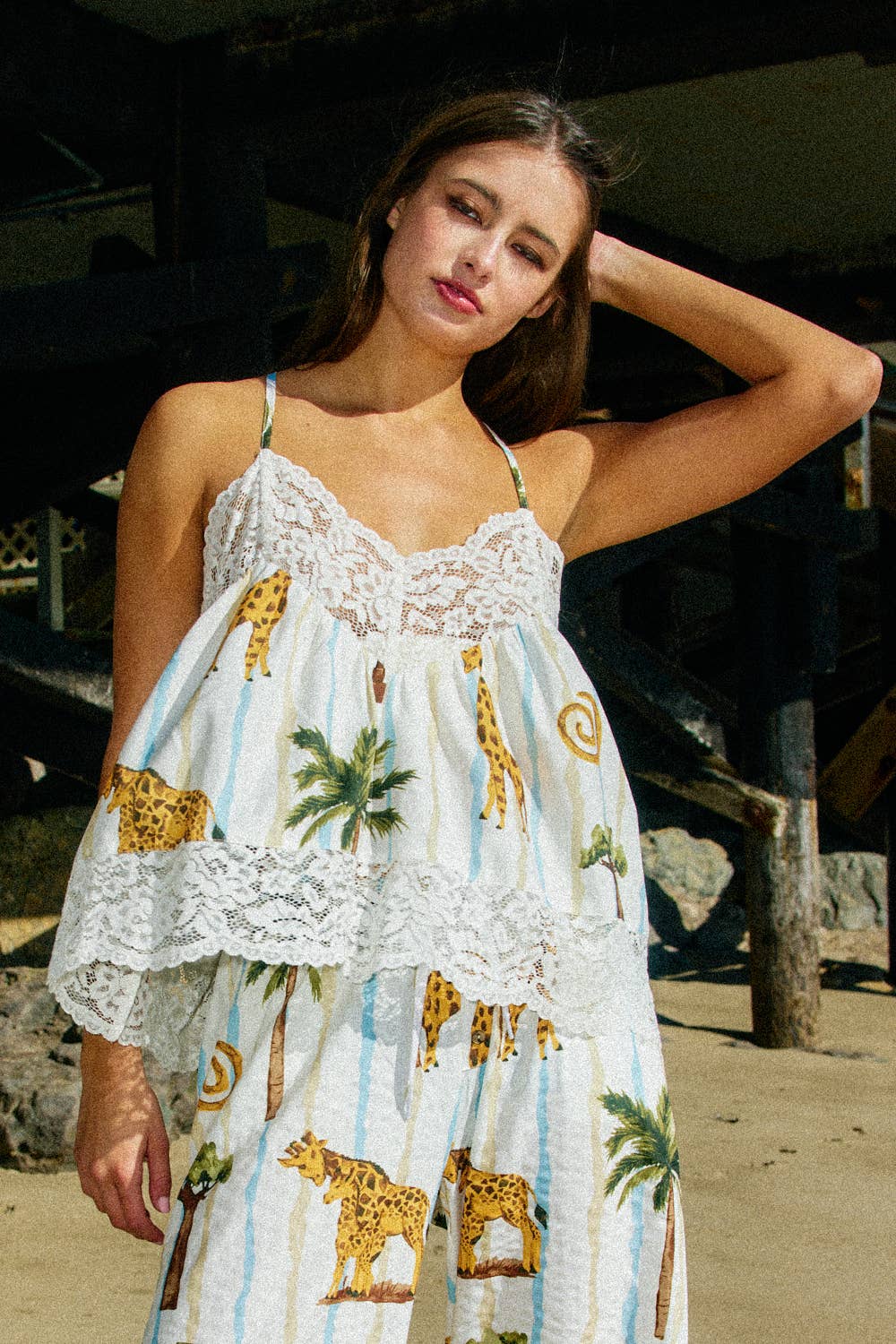 Tropical Print Lace Detail Top