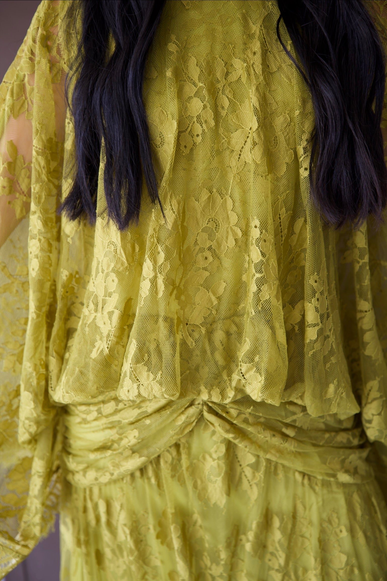 High-Neck Floral Lace Maxi Dress with Cape-Style Sleeves