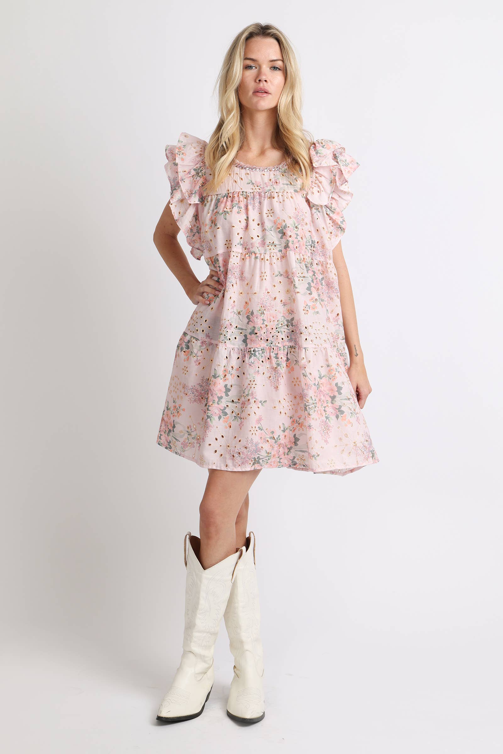 Micro Hollow Out Floral Print Ruffled Mini Dress