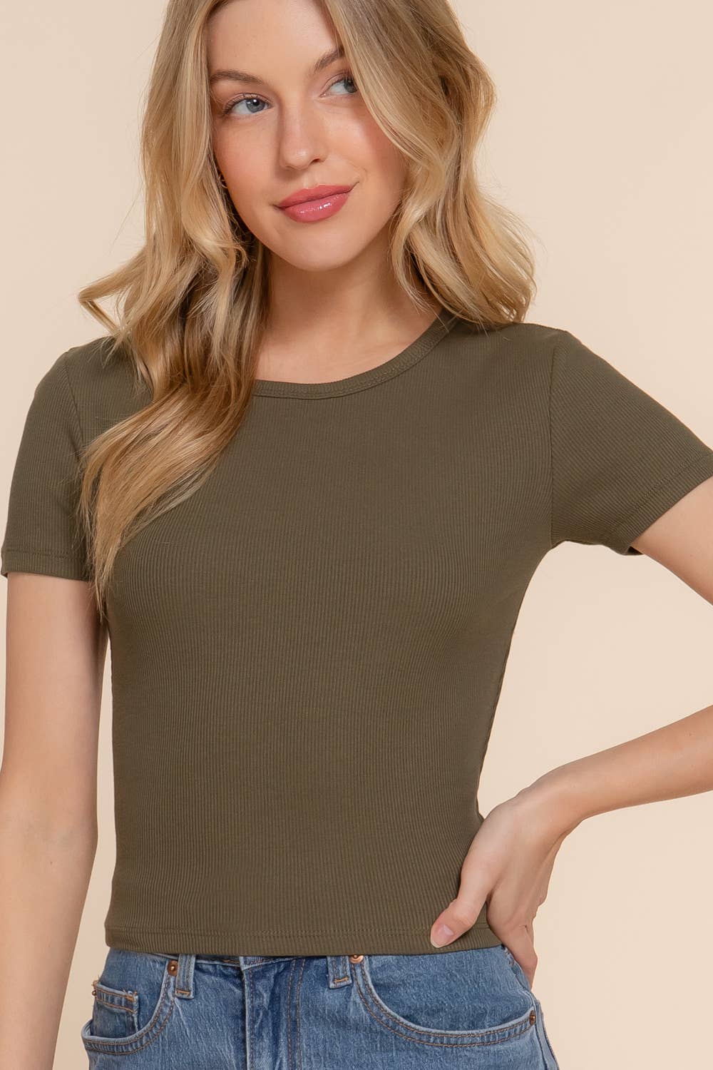 Short Sleeve Crew Neck Rib Knit Top