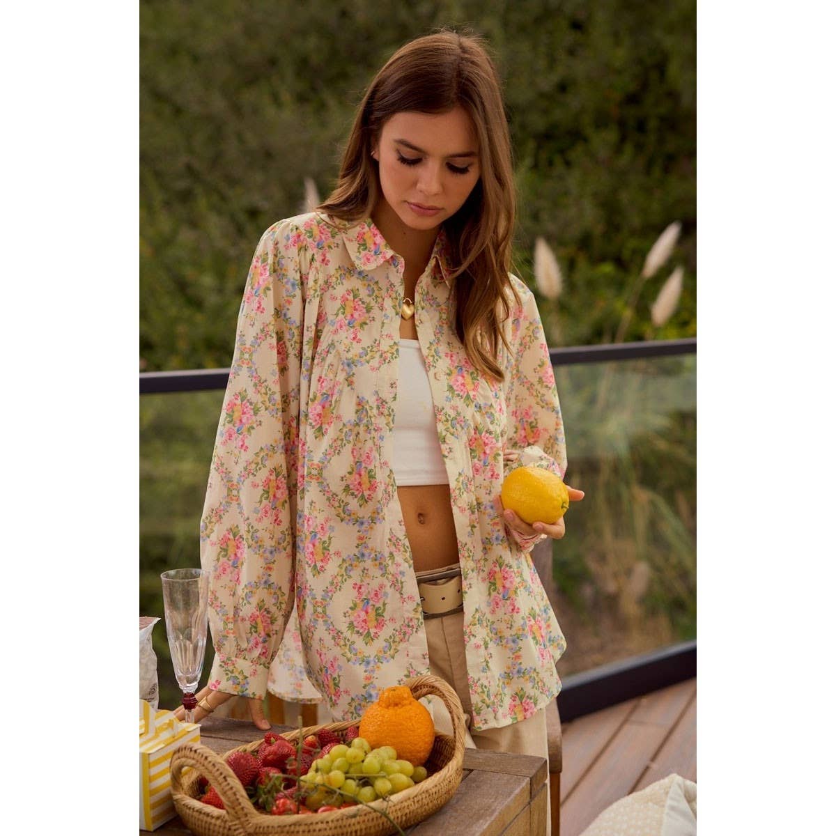 Oversized Floral Striped Button Shirts