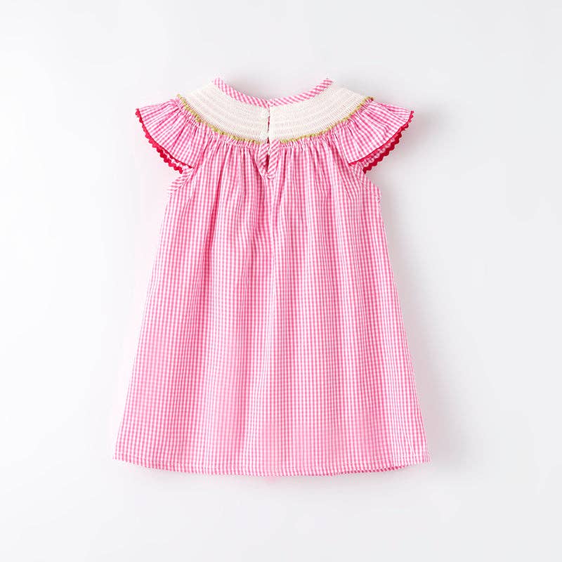 Pink Plaid Crocodile Embroidered Smocked Dress