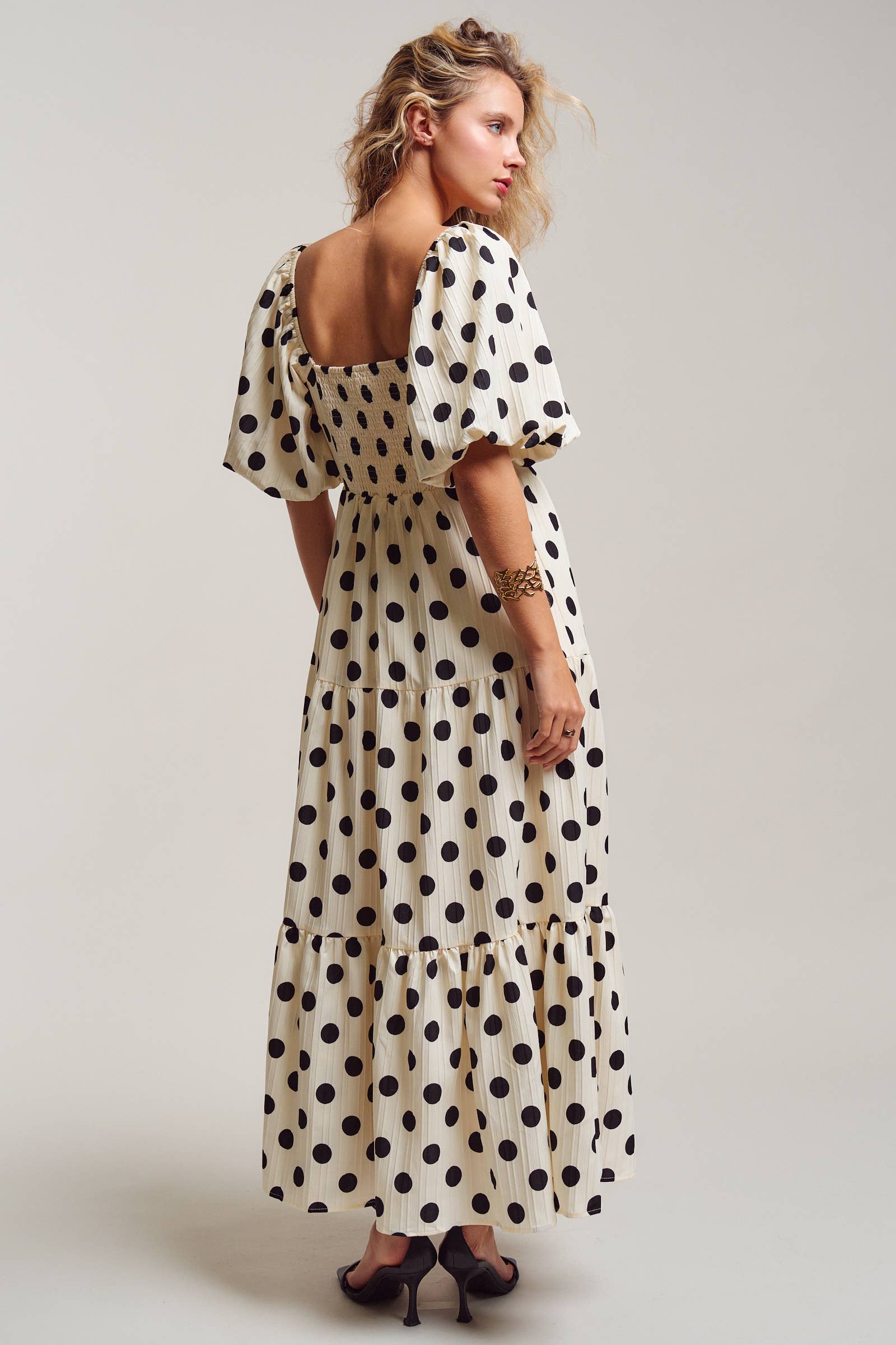 Textured Polka Dot Tie-Front Puff Sleeve Maxi Dress
