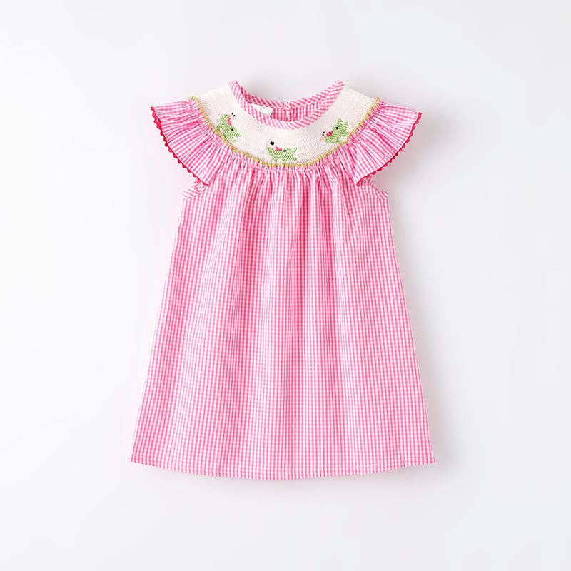 Pink Plaid Crocodile Embroidered Smocked Dress