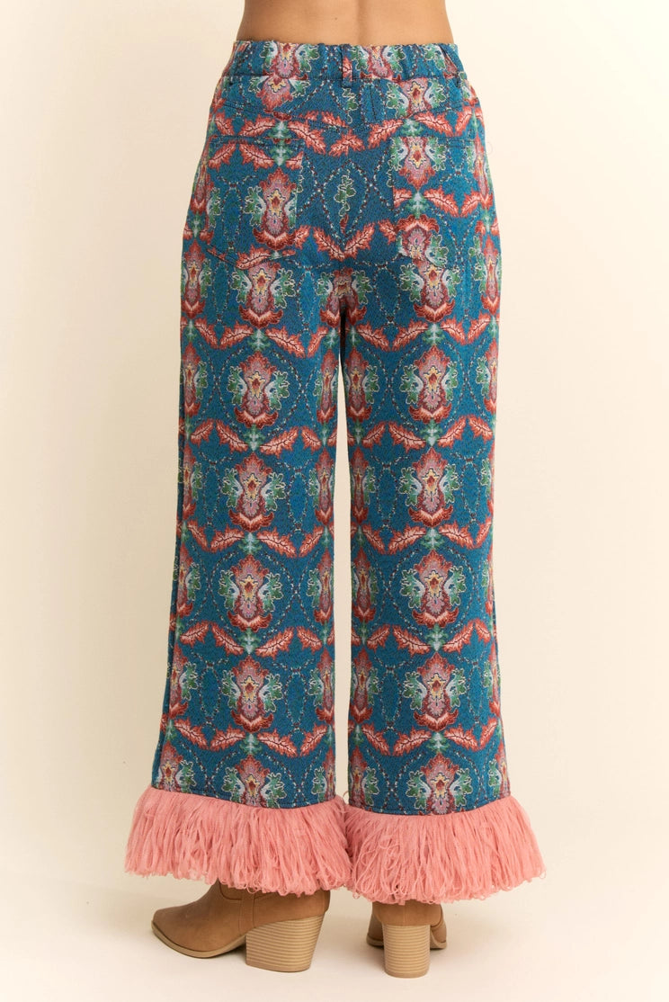 Davi and Dani Fringe Seam Detail Jacquard Pants Blue