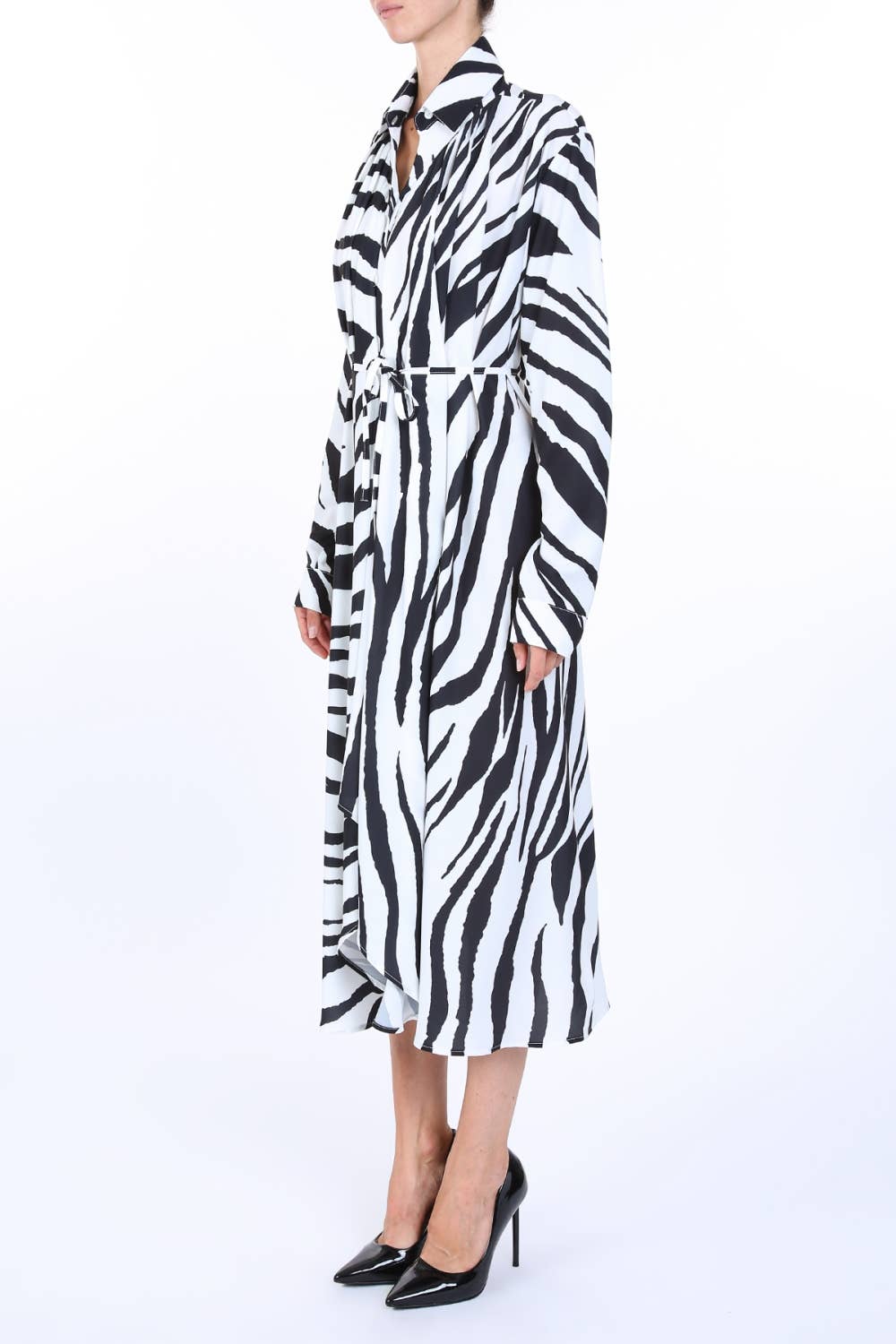 Zebra Print Belted Satin Midi Shirt Dress