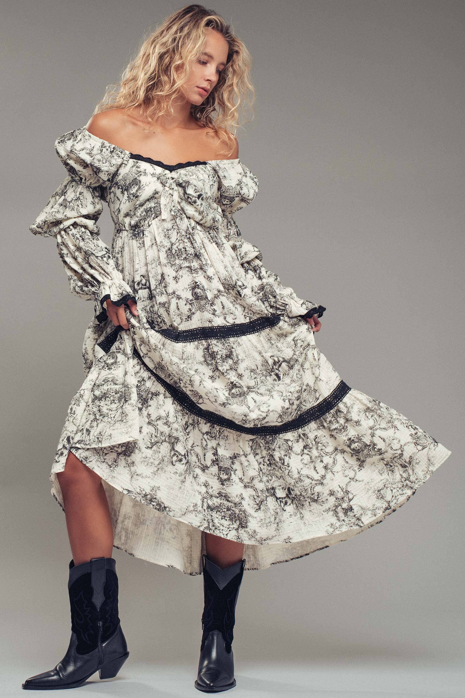Off-Shoulder Tiered Puff Sleeve Midi Dress