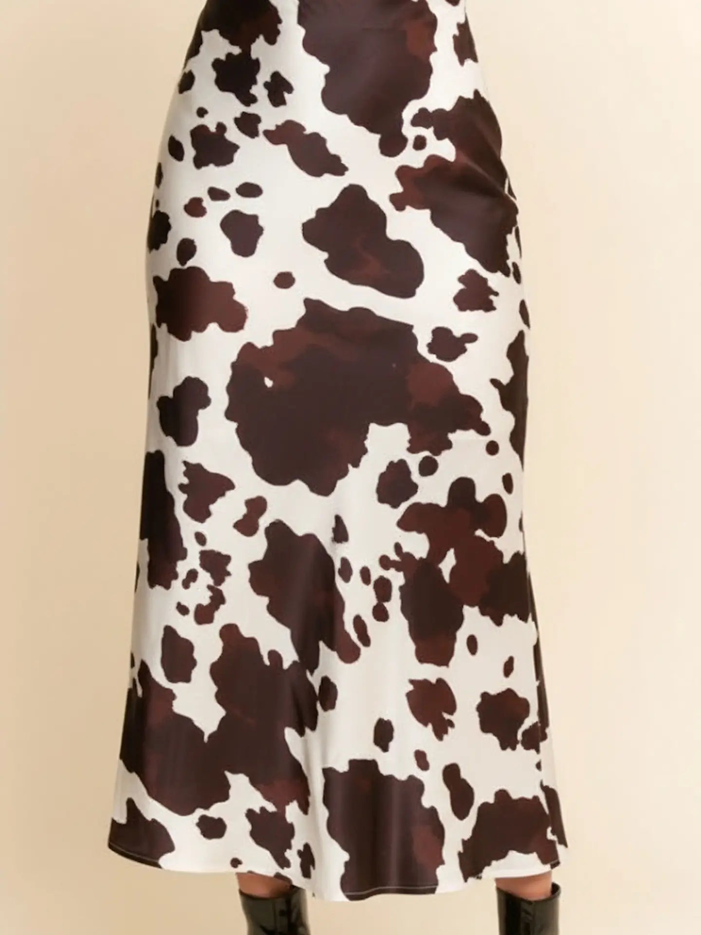 Davi and Dani Satin Cow Print Midi Skirt White and Brown