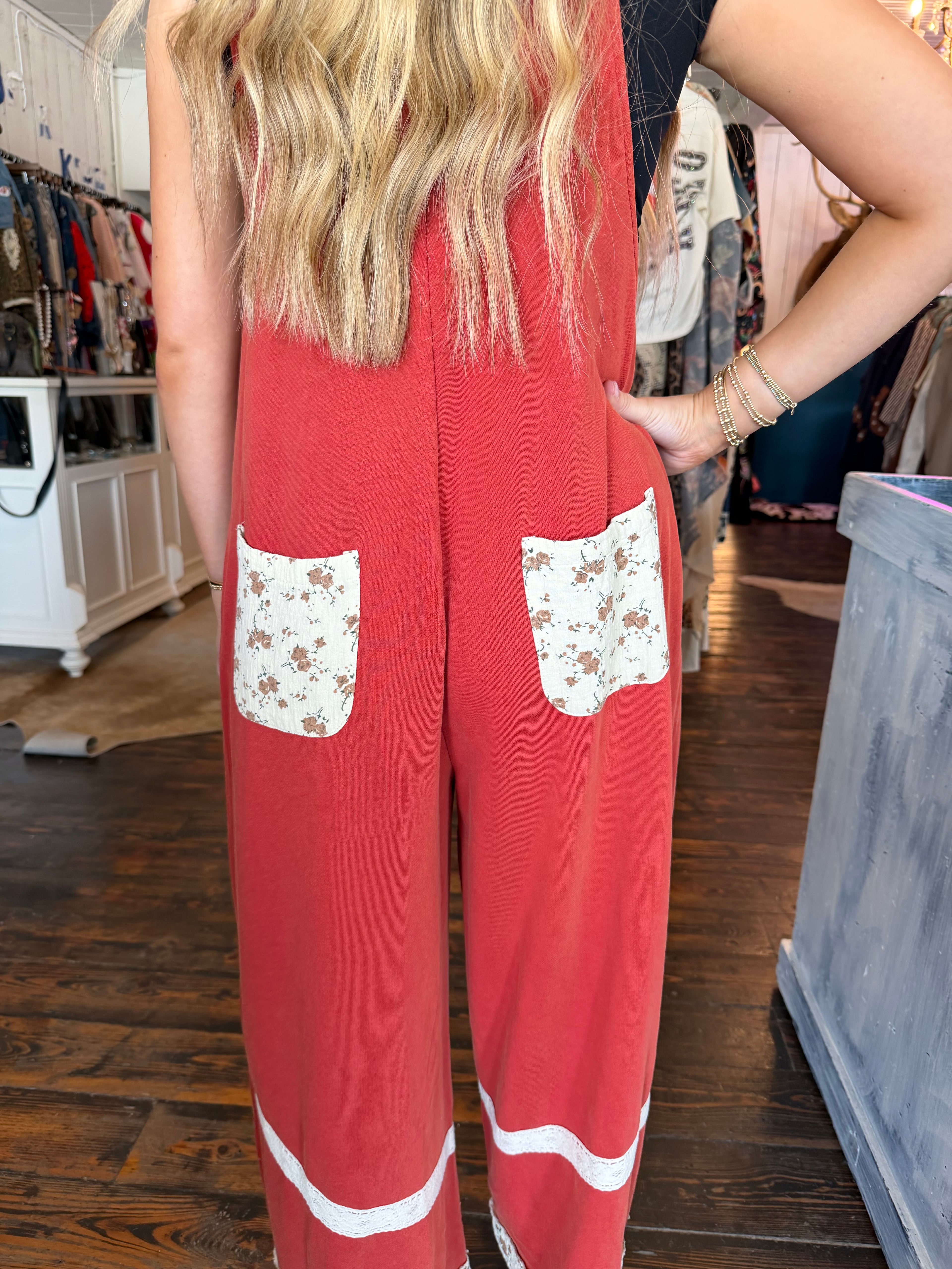 POL Red Floral Overalls