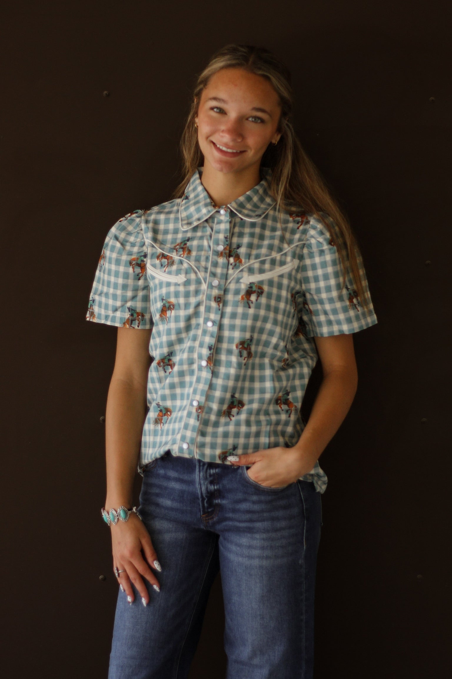 Blue Gingham Flutter Sleeve Top