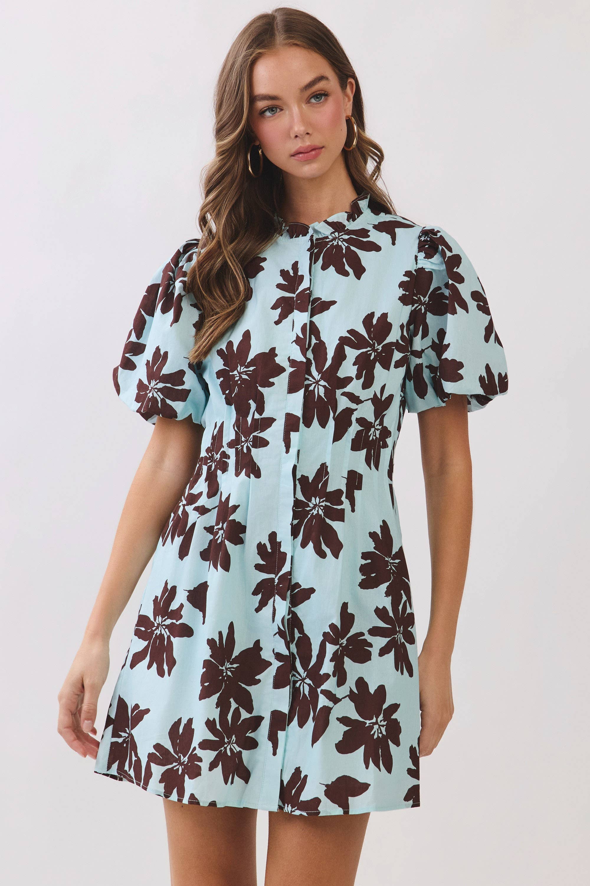 Floral Button Down Puff Sleeve Mini Dress