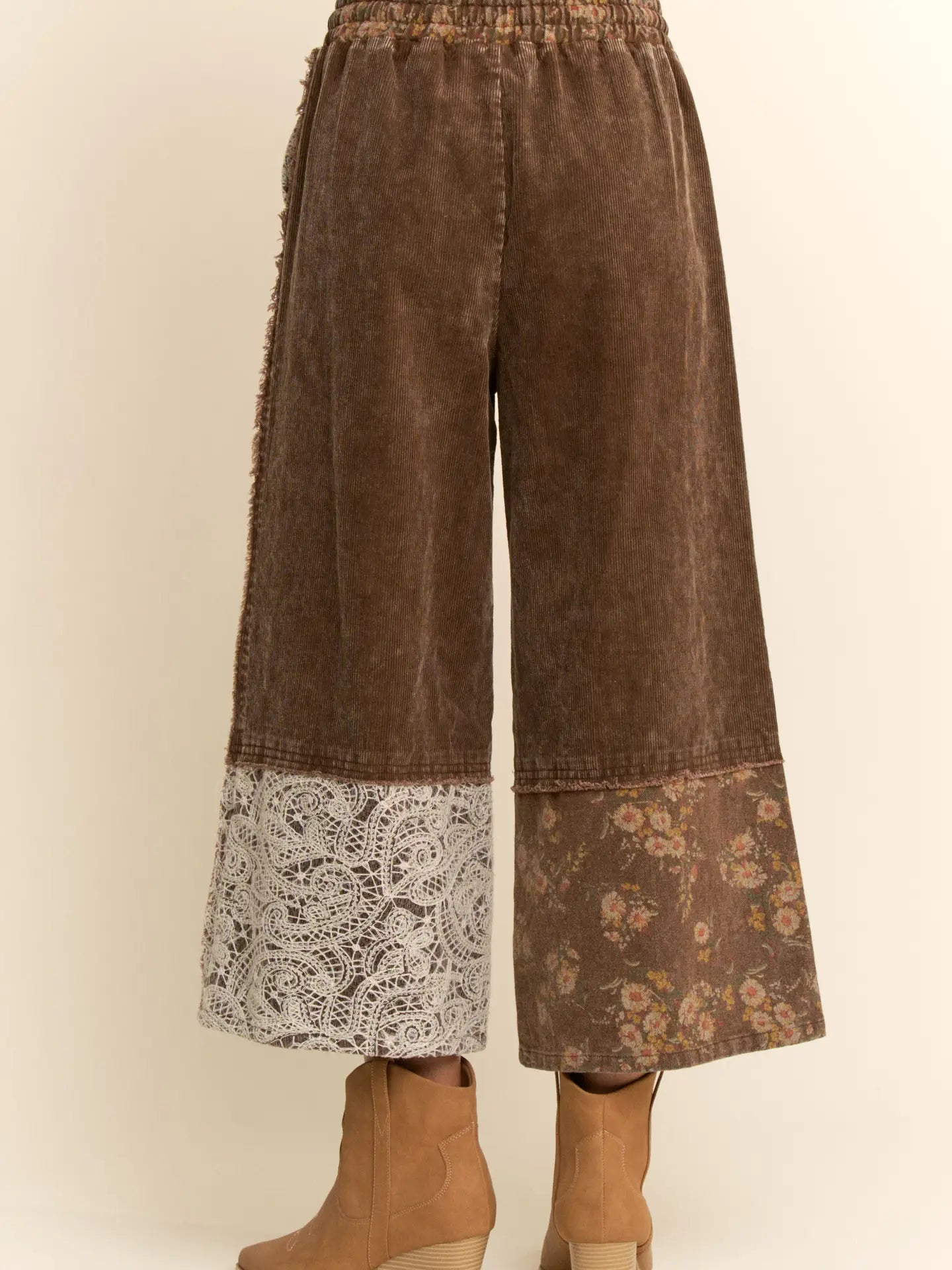 Davi and Dani Washed Corduroy and Flower Denim Pants Brown Multi