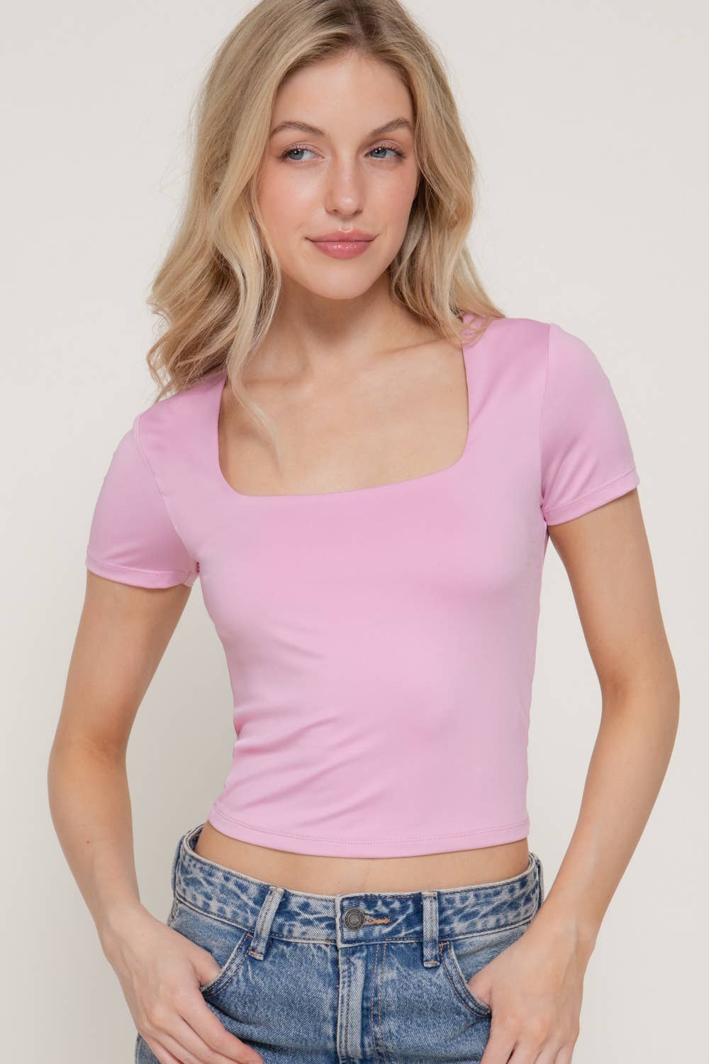 Short Sleeve Square Neck Double Layer Crop Tee
