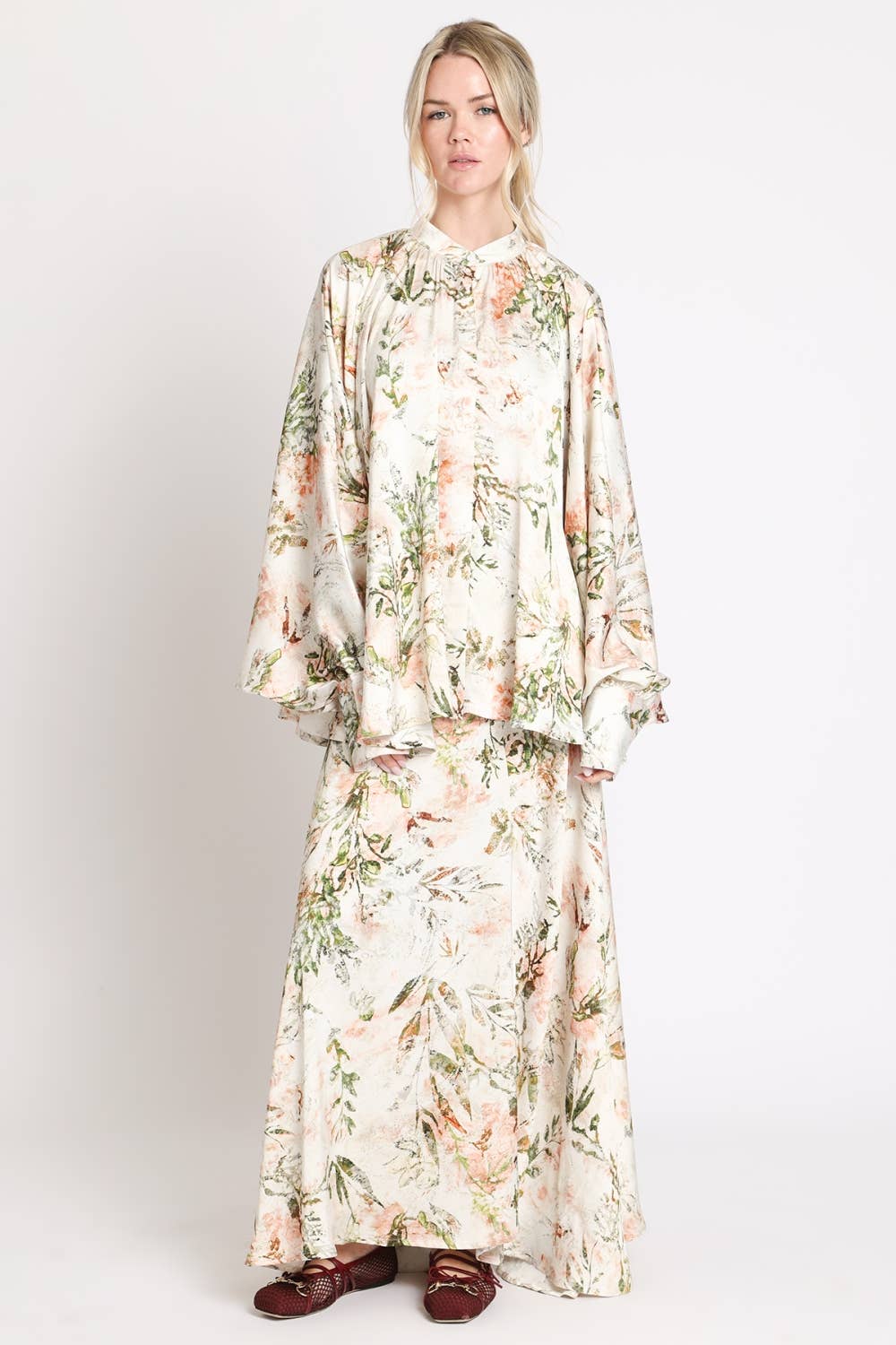 Watercolor Floral Printed Satin Tunic & Skirt Set