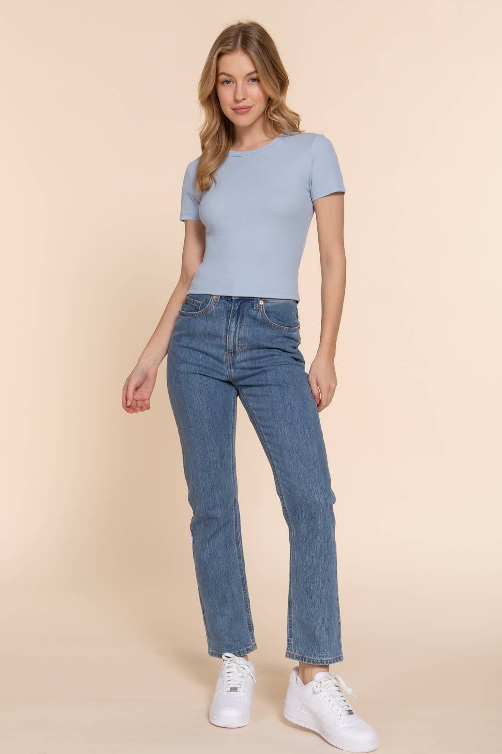 Short Sleeve Crew Neck Rib Knit Top