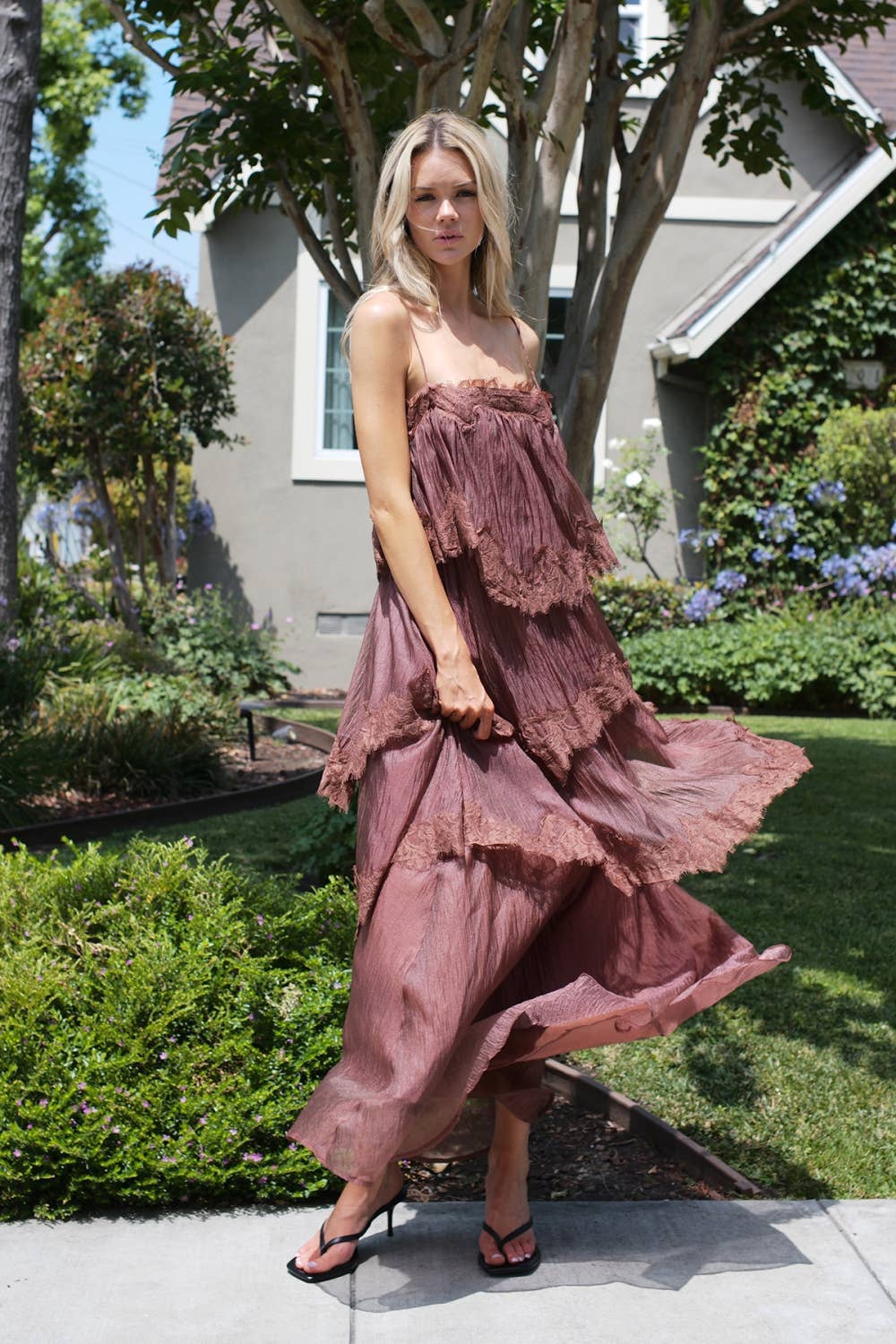Tiered Lace-Trimmed Maxi Slip Dress