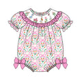 Girls Summer Pink Floral Silly Goose Smock Embroidery Romper