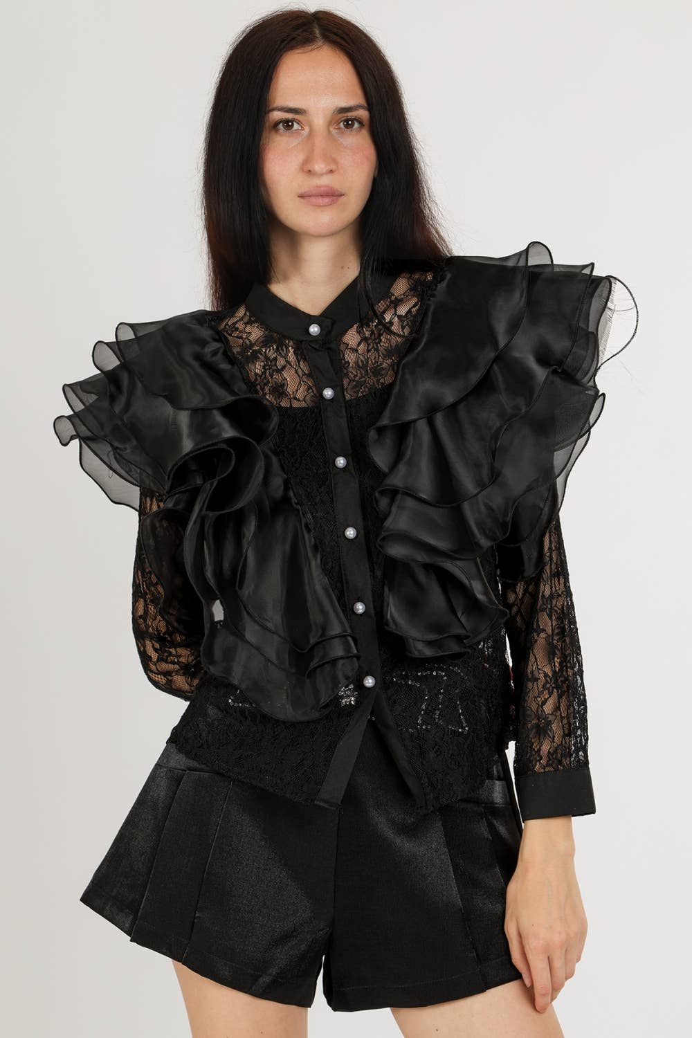 Tiered Ruffles Embroidered Mesh Blouse