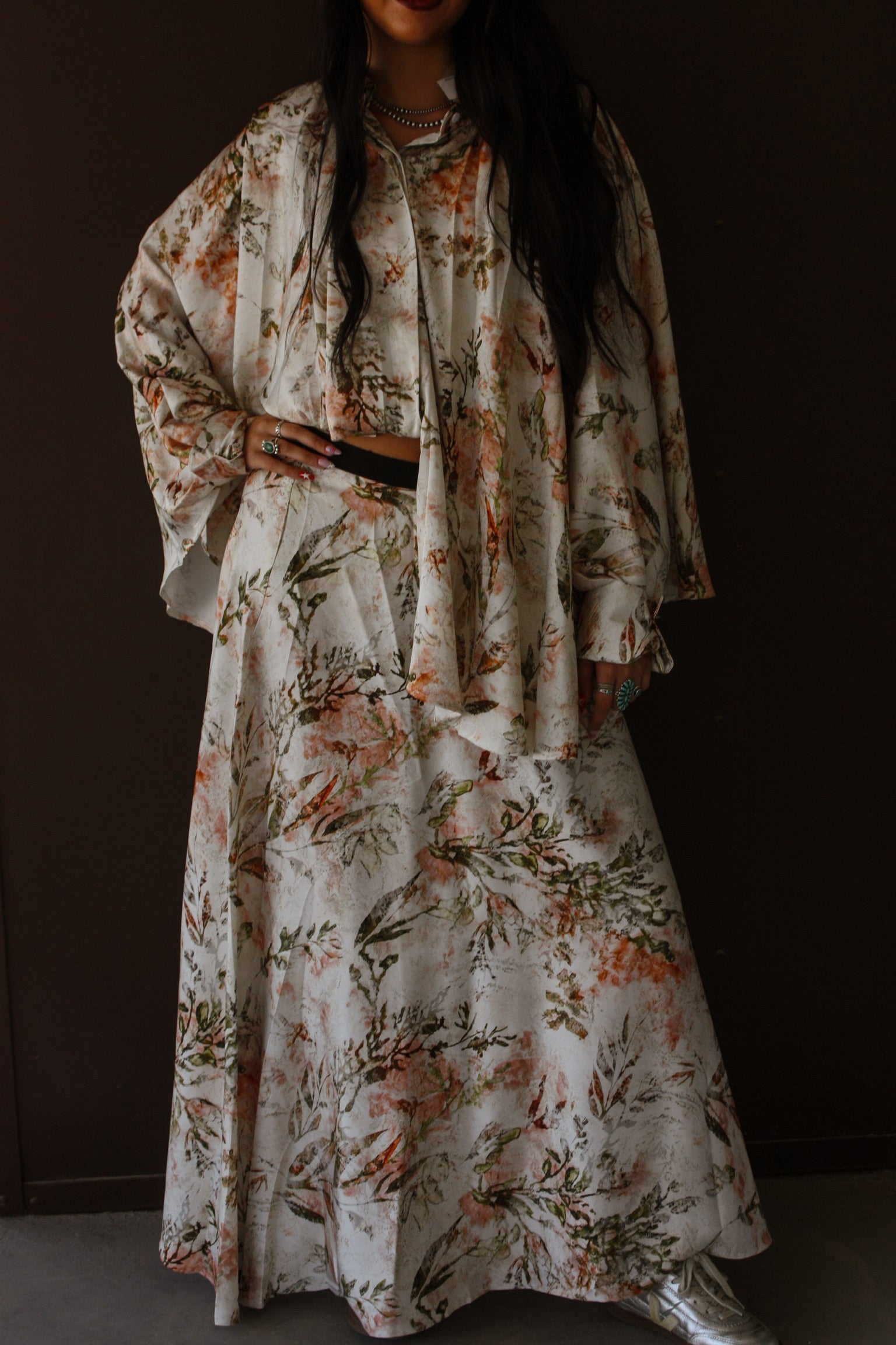 Watercolor Floral Printed Satin Tunic & Skirt Set