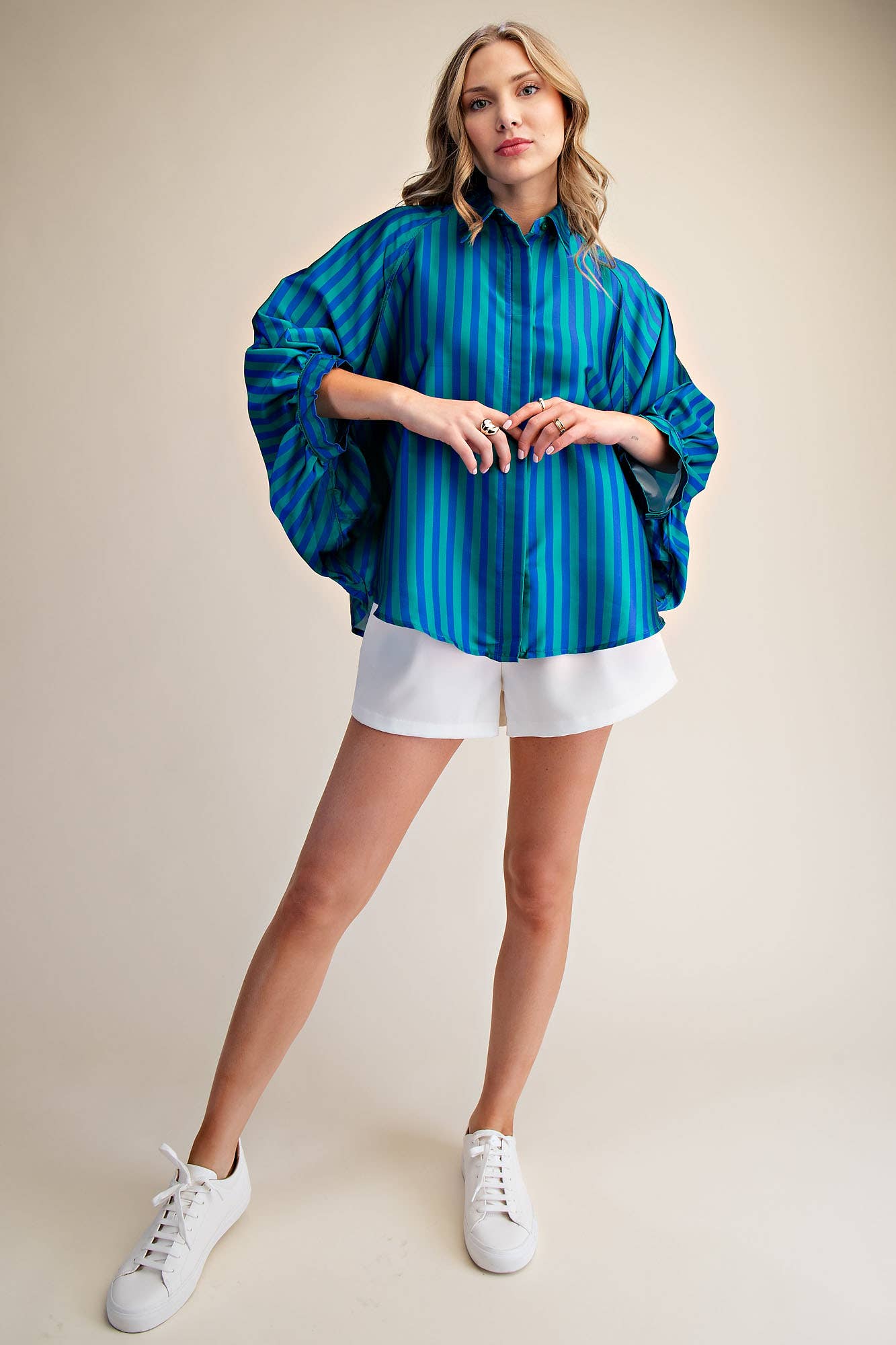 Oversized Shirt With Balloon Sleeve - Stripe