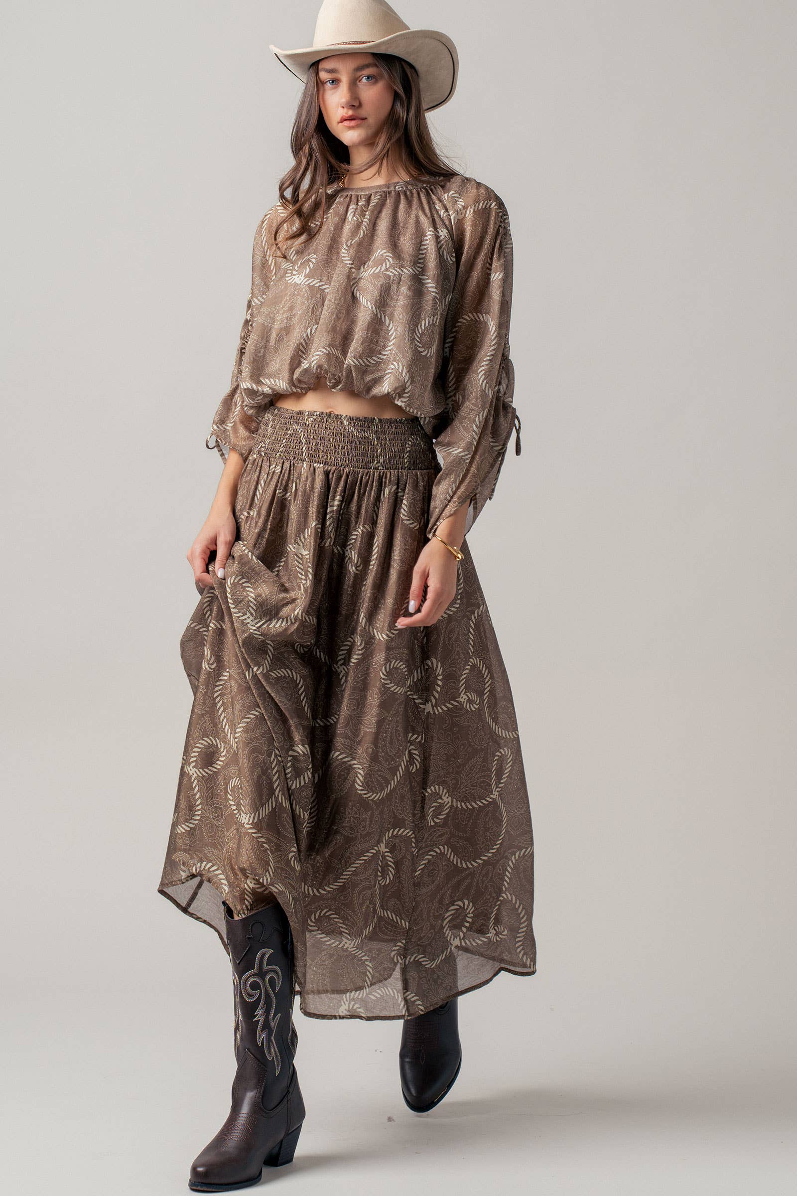 Rope Print Smocked Waist Maxi Skirt Linen Silk