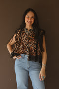 Leopard Button Up Pleated Sleeveless Blouse Top