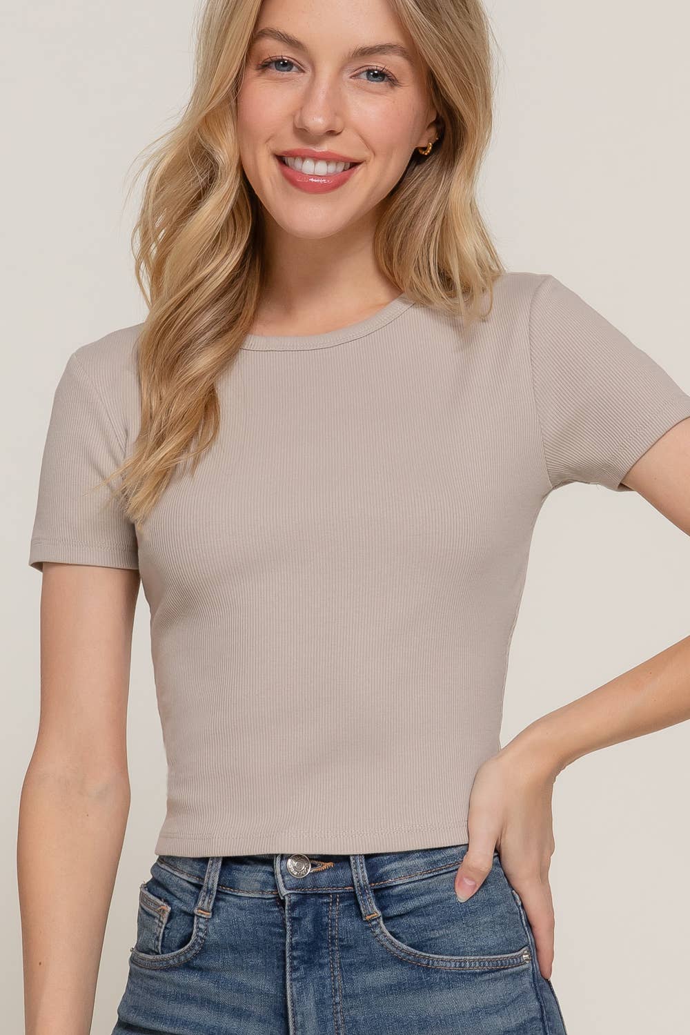 Short Sleeve Crew Neck Rib Knit Top