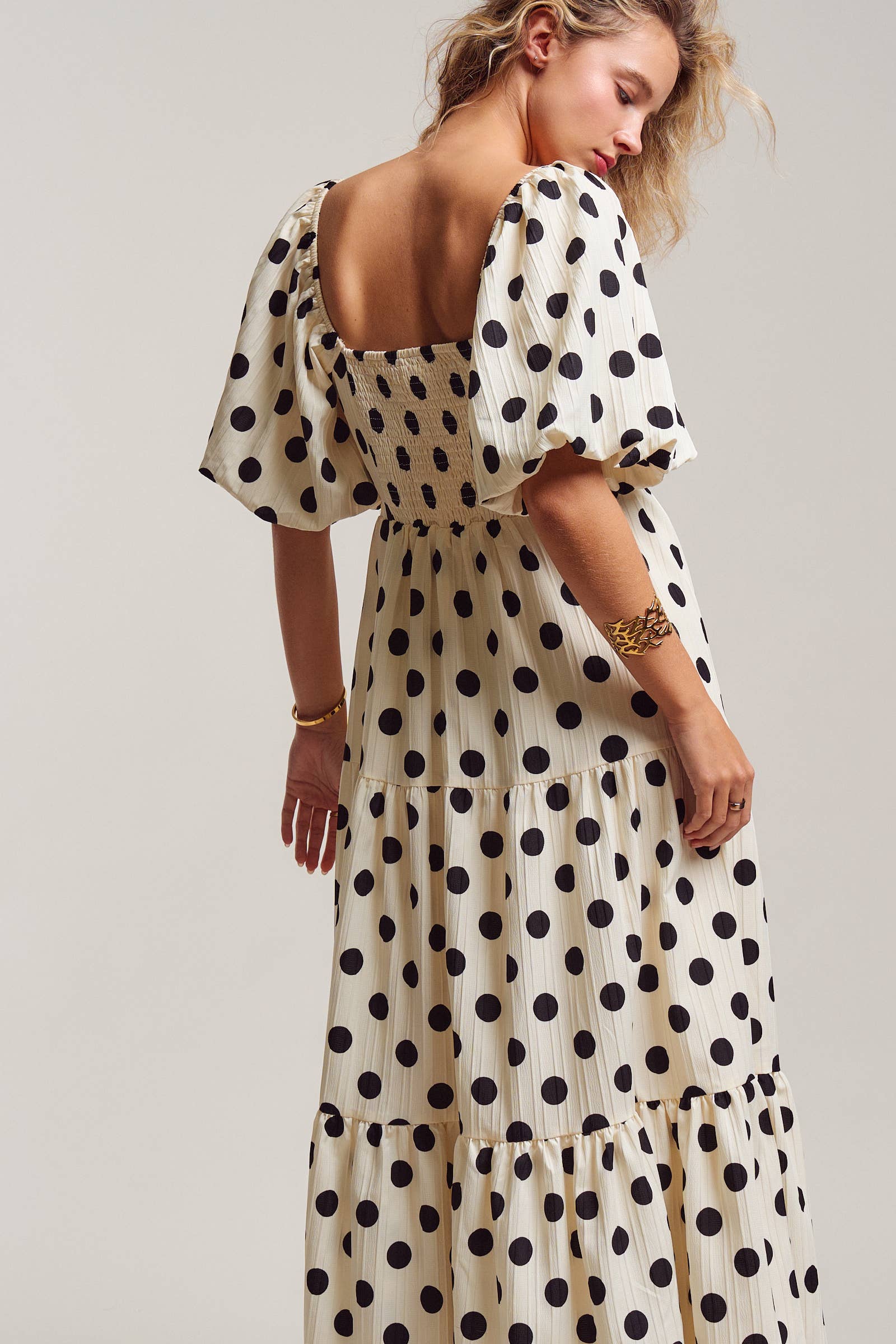 Textured Polka Dot Tie-Front Puff Sleeve Maxi Dress