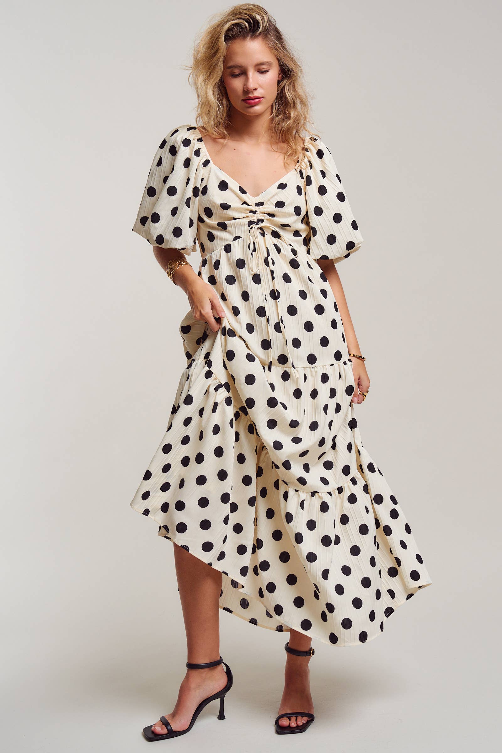 Textured Polka Dot Tie-Front Puff Sleeve Maxi Dress