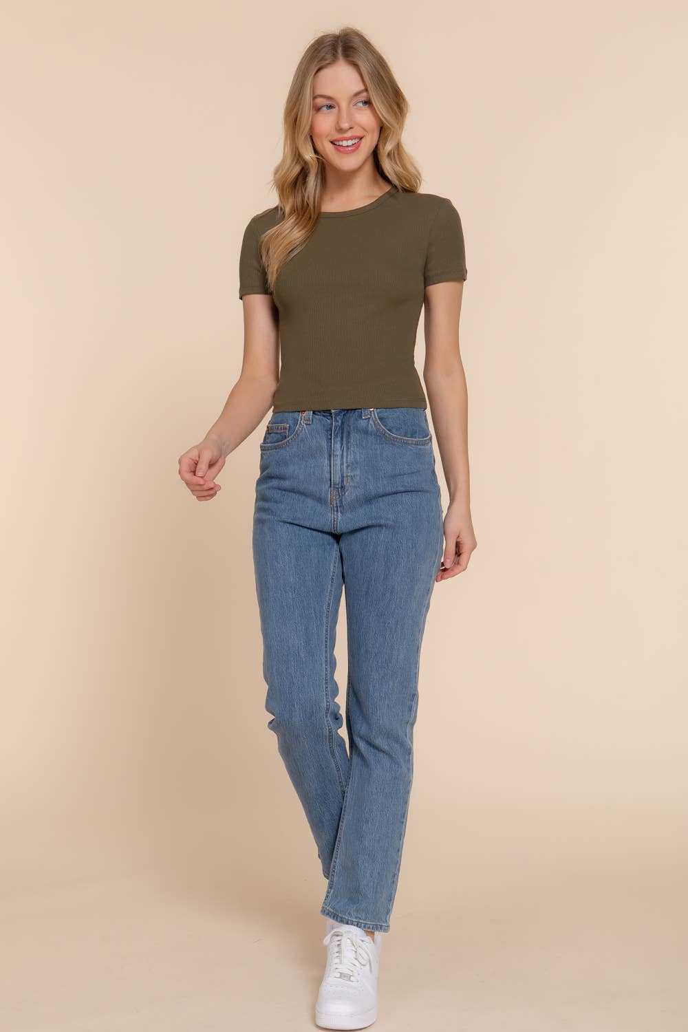 Short Sleeve Crew Neck Rib Knit Top