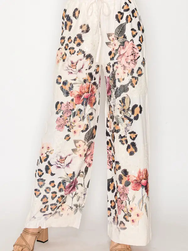 Origami Apparel Printed Drawstring Pants Leopard Floral