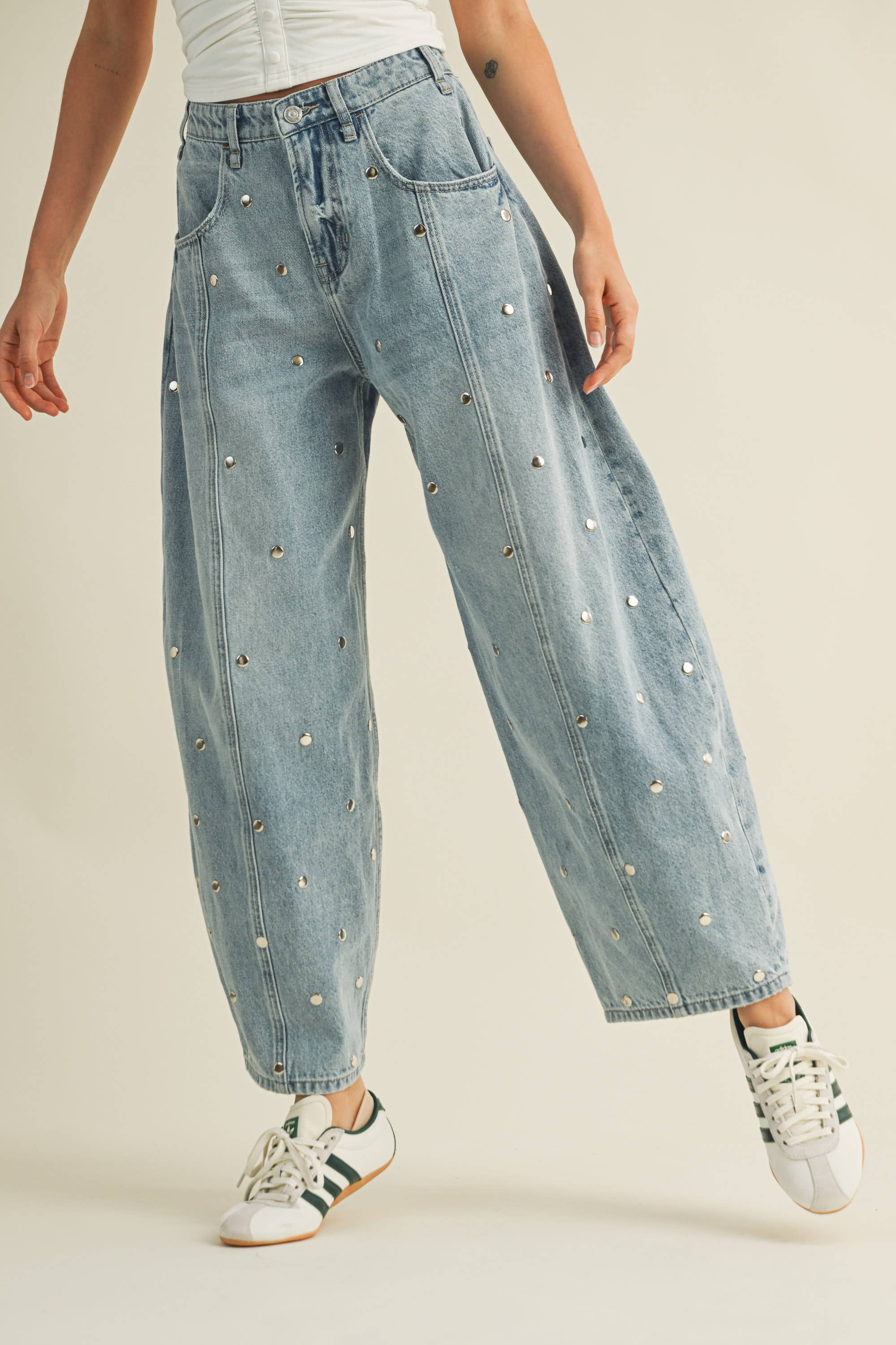 Studded Barrel Denim Pant