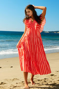 Striped Ruffle-Sleeve Midi Dress