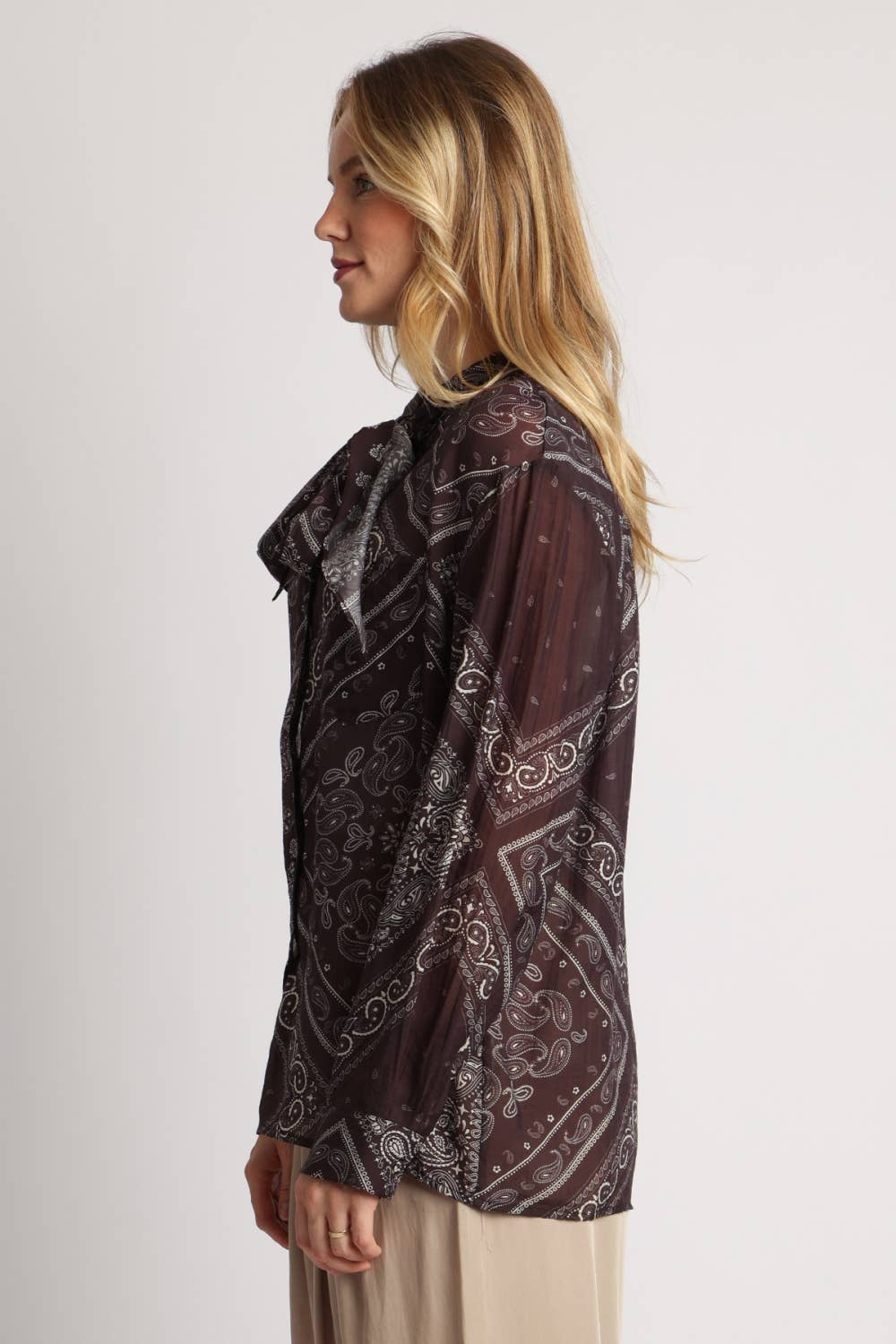 Paisley Allover Printed Bowtie Neck Blouse