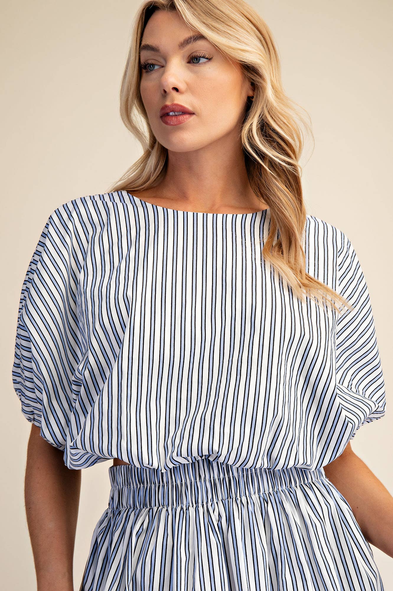 Round Neck Elastic Waist Balloon Crop Top