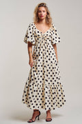 Textured Polka Dot Tie-Front Puff Sleeve Maxi Dress