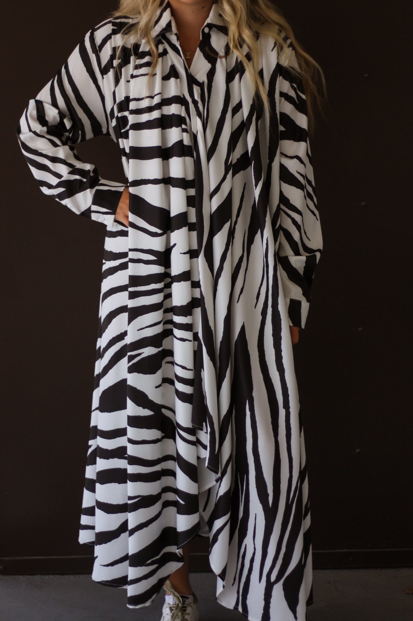 Zebra Print Belted Satin Midi Shirt Dress