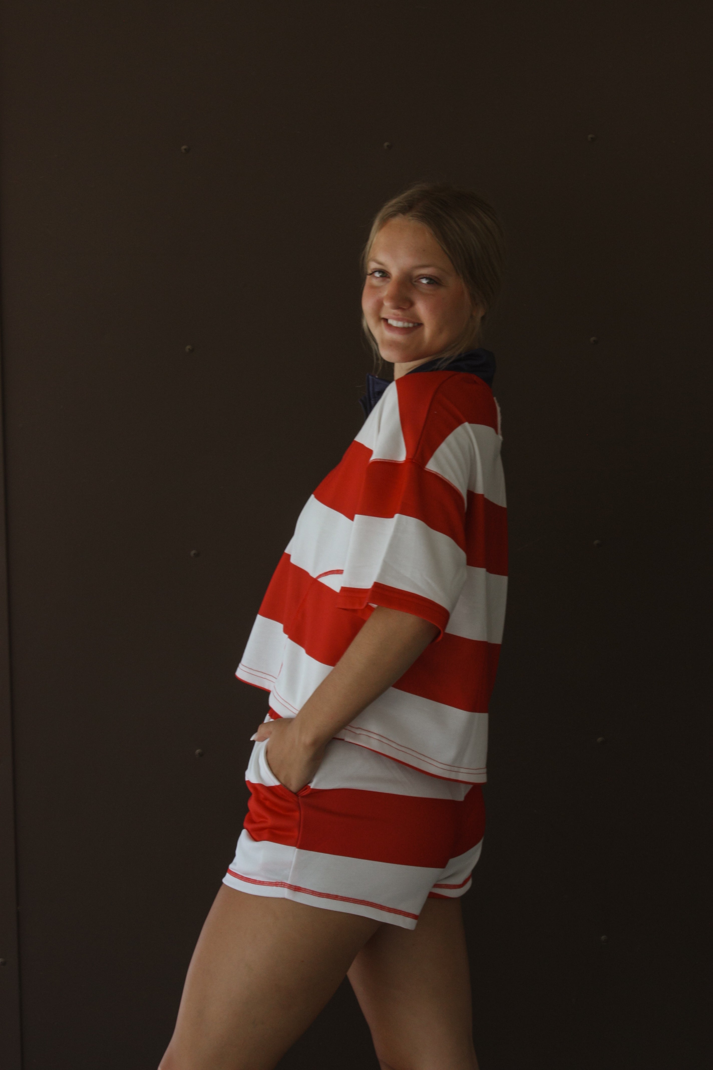 4th Of July Striped Top Front Zip Shorts Set