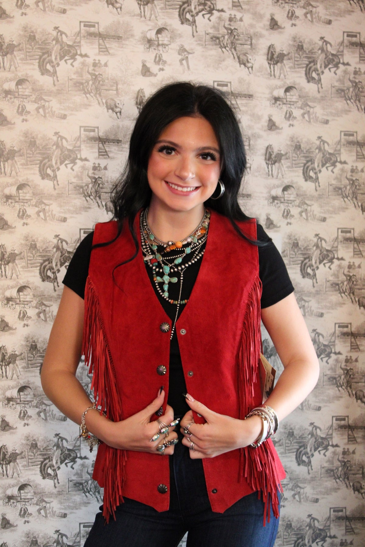 Scully Fringe Snap Front Closure Vest Red Suede