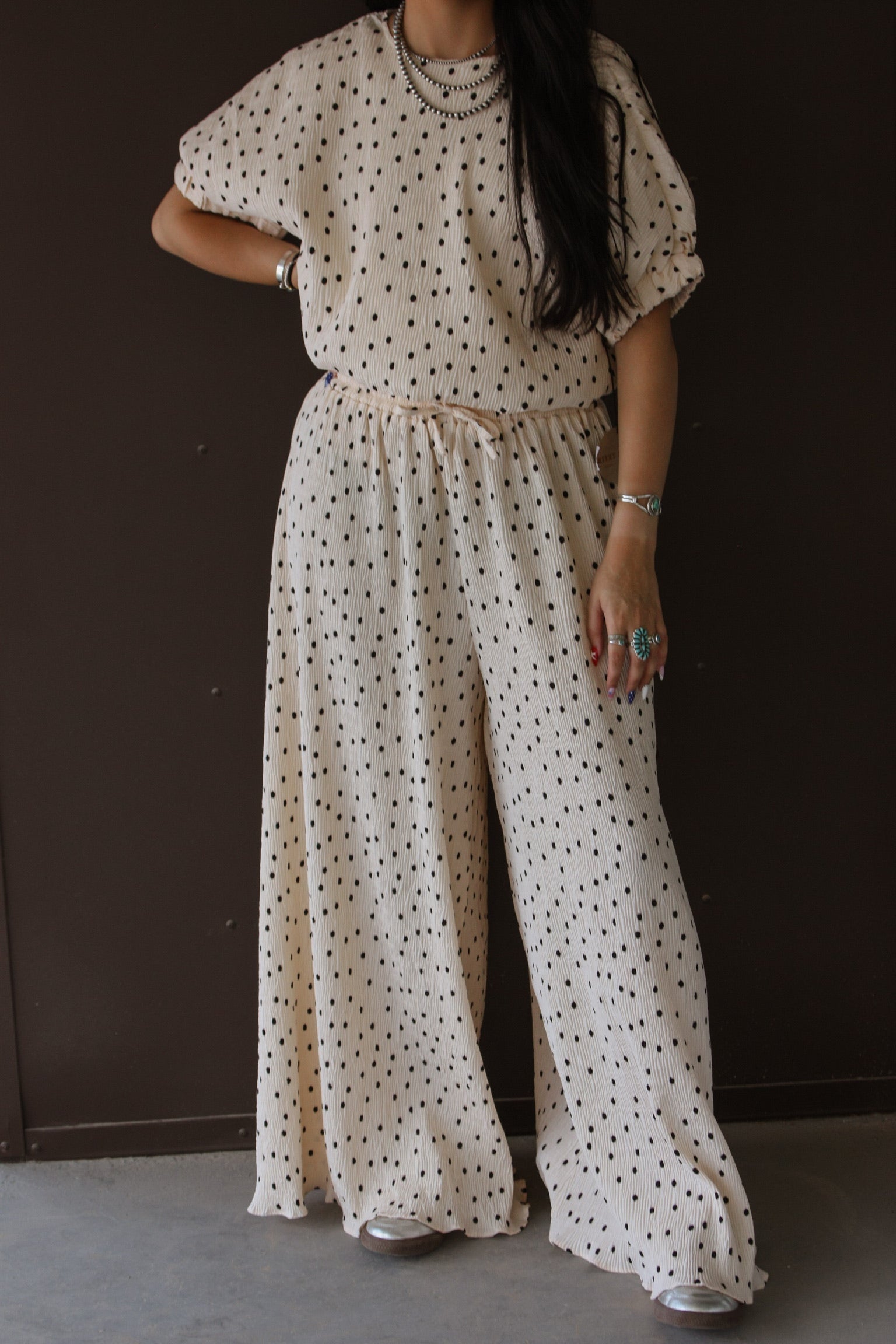 Pleated Polka Dot Wide-Leg Pant
