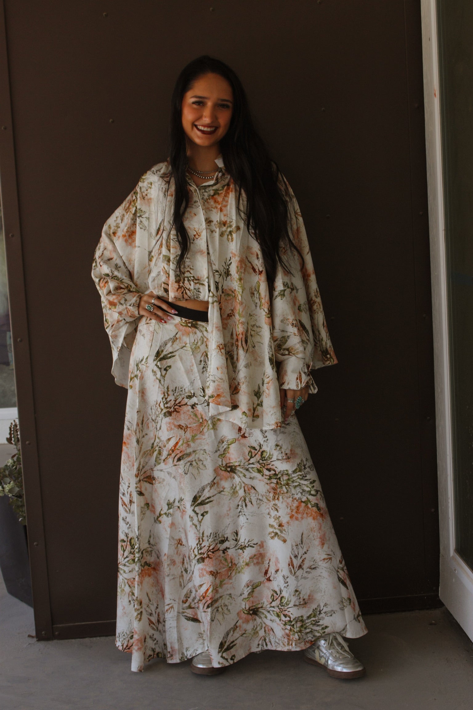 Watercolor Floral Printed Satin Tunic & Skirt Set